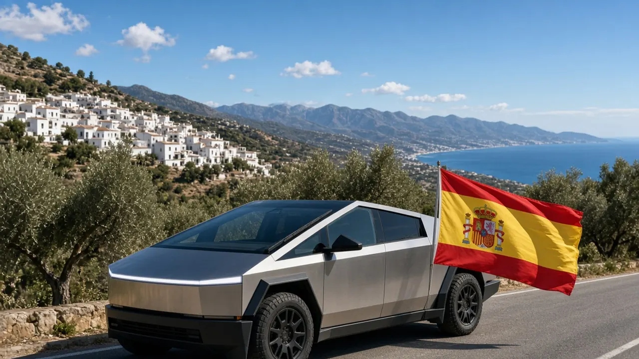 Tesla Cybertruck circulando por una calle costera española