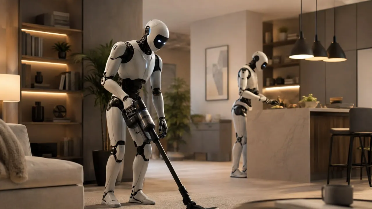 Robot humanoide doméstico en el salón de una vivienda