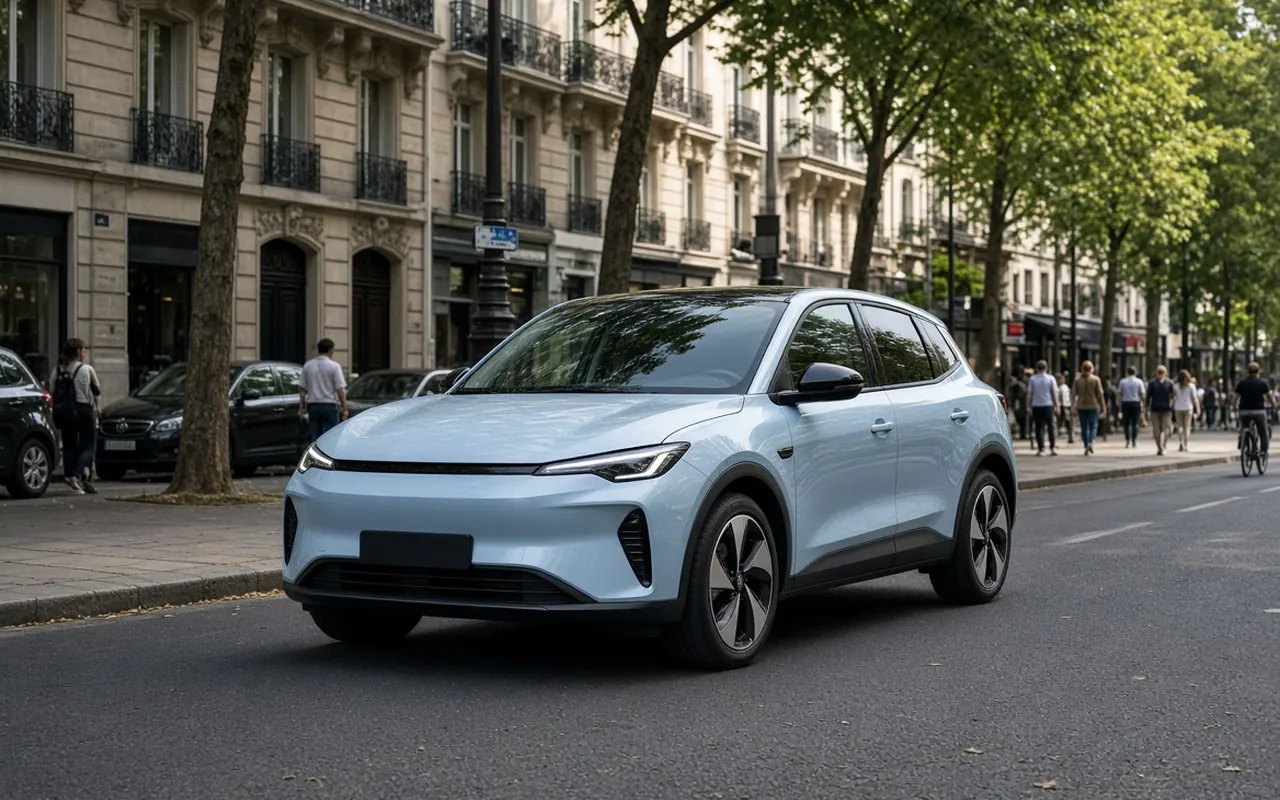 Coche eléctrico urbano aparcado en ciudad